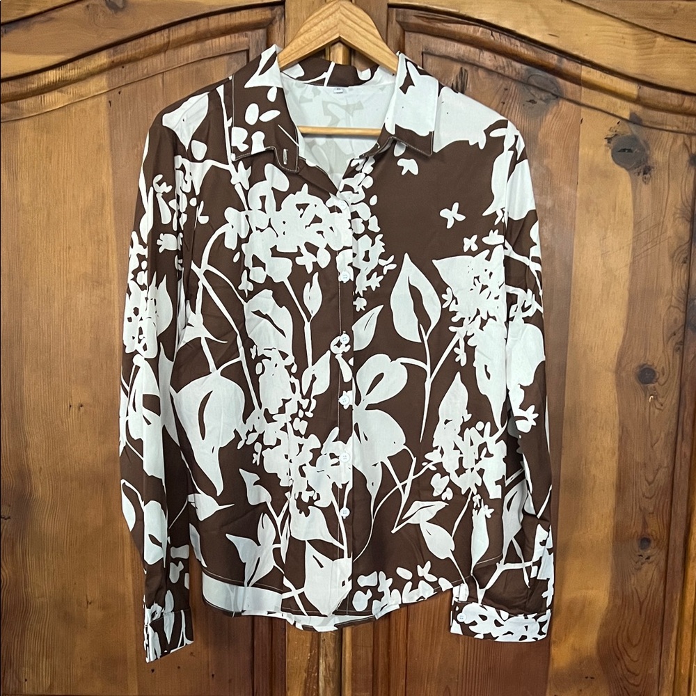 Brown and White Floral Button-Up Shirt